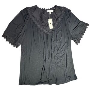Adiva Black Lace Trim Top Plus Size 1X Short‎ Sleeve Blouse
